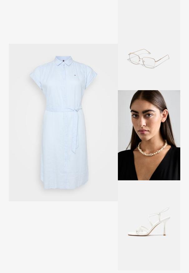 Světle modré košilové šaty vyrobené z prodyšného materiálu. Mají krátké ohrnuté rukávy, zavazovací pásek v pase a jemný detail s logem.; Bílé sandály na vysokém podpatku s tenkým páskem kolem kotníku, plochou špičkou, texturovaným předním dílem s nařasenými detaily.; Obdélníkové brýle s tenkými kovovými rámy v růžově zlaté barvě. Skla jsou průhledná a nožičky jsou štíhlé s jemným detailem pantů.; Náhrdelník z perel a krystalů s kulatým, korálkovým designem v jemných odstínech, který obsahuje střídající se perly a třpytivé akcenty, nošený kolem krku.