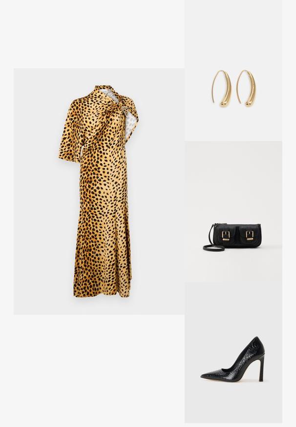 Rabanne Dolga obleka - tan; Črne čevlje z visoko peto in konico v obliki puščice, z teksturo krokodilje kože, ki se ponašajo s sleek oblikovanjem, visokim stiletto peto in gladkim črnim notranjostjo.; Črna usnjena torbica čez ramo z dvema sprednjima žepoma, zlatimi zaponkami, zadrgo in ozkim pasom. Tekstura površine je strukturirana, obliko pa ima kompaktno pravokotno.; Zlato-tonirani kovinski uhani v obliki obroča s krivuljo in podolgovato obliko. Imajo gladko, sijočo površino in zaobljen vrh za dodaten detajl.