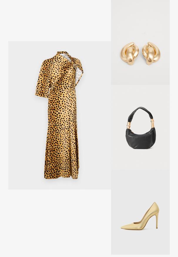 Rabanne Maxikleid - tan; Goldfarbene, metallisch schimmernde, spitz zulaufende High Heel-Schuhe mit Stilettofers. Von der Seite auf einem schlichten hellen Hintergrund gezeigt.; Schwarze Lederhandtasche mit runder Form, weicher Textur und einem geknoteten Griff mit goldfarbenen Hardware-Akzenten. Reißverschlussverschluss.; Goldfarbene Metallohrringe mit einem gedrehten Design, das eine glatte, glänzende Oberfläche und abgerundete Formen aufweist. Jeder misst ungefähr 5 cm.