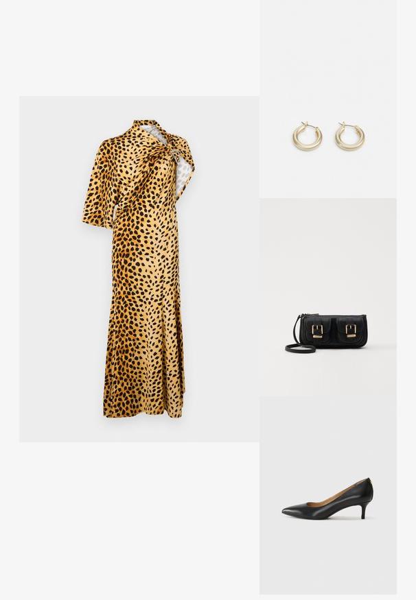 Rabanne Maksimekko - tan; Mustat nahka-korkokengät, joissa on terävä kärki, matala korko ja sileä pinta. Edessä on pieni aukko ja takana minimaalinen varustus.; Musta nahkainen olkalaukku, jossa on kaksi etutaskua, kultaiset soljet, vetoketjukiinnitys ja kapea hihna. Teksturoidun pinnan ja kompaktin suorakaiteen muoto.; Lauren Ralph Lauren BASIC SMALL HOOP - Korvakorut - gold-coloured