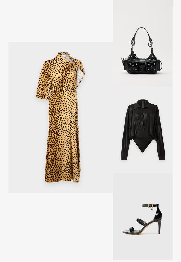 Rabanne Maksimekko - tan; Musta catsuit pitkillä hihoilla, V-pääntiellä ja tiukalla siluetilla. Valmistettu kiiltävästä, sileästä kankaasta, jossa on jämäkkä kaulus ja hihansuut.; Musta patentoitu nahkasandaali, jossa on kolme hihnaa, nilkkasolki ja 4 tuuman stiletto-korko. Varustettu kultaisilla yksityiskohdilla ja logokoristeella.; Musta nahkainen käsilaukku, jossa on kaareva muotoilu, hopeiset niitit, solki ja kaksi sivutaskua. Säädettävä olkahihna erilaisiin kantovaihtoehtoihin.