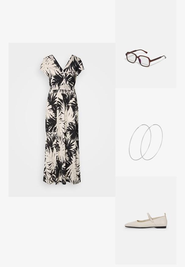 Črna in kremna maksi obleka z v-izrezom, kratkimi rokavi, elastičnim pasom in vzorcem palmovega lista po celotni površini. Narejena iz lahkotnega materiala.; Bele balerinke iz belega usnja Mary Jane s špicastim nosom, stranskim zaponko in nizkim črnim peto. Gladka tekstura in minimalističen dizajn.; Rjave, pravokotne očala z prosojnimi lečami in vijoličnimi odtenki. Gladek plastičen okvir z ravnimi steblami in subtilnimi detajli.; Srebrne uhane v obliki obroča z minimalističnim dizajnom. Krožna oblika, gladka tekstura in tanek profil. Lahki s poliranim zaključkom.