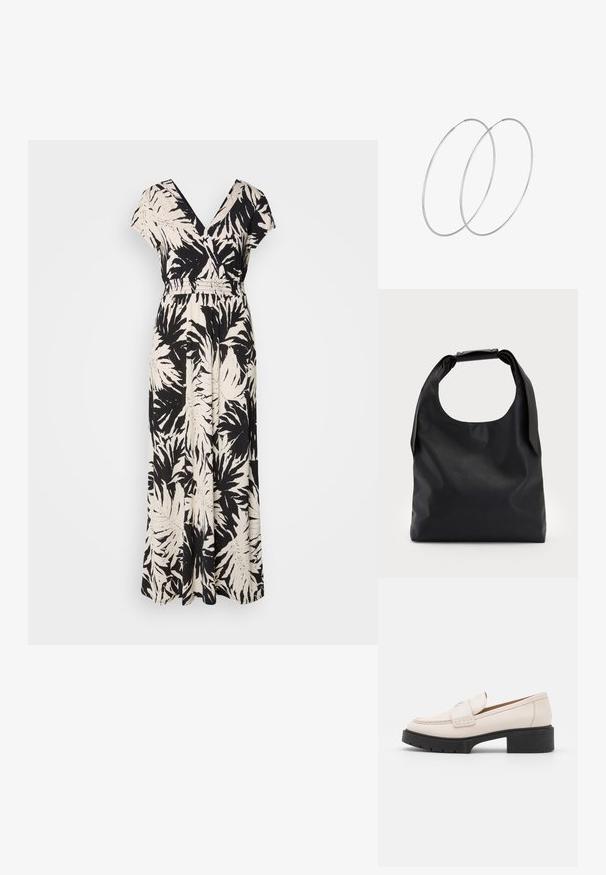 Črna in kremna maksi obleka z v-izrezom, kratkimi rokavi, elastičnim pasom in vzorcem palmovega lista po celotni površini. Narejena iz lahkotnega materiala.; Svetlo bež usnjeni loaferji z šivanim sprednjim delom in teksturiranim črnim podplatom. Imajo ukrivljen dizajn in drobno dvigovanje.; Črna usnjena torba hobo z enim mehkobnim, okroglim ročajem; ima gladko teksturo in minimalističen dizajn. Brez vidnih kovinskih delov ali poudarkov.; Srebrne uhane v obliki obroča z minimalističnim dizajnom. Krožna oblika, gladka tekstura in tanek profil. Lahki s poliranim zaključkom.