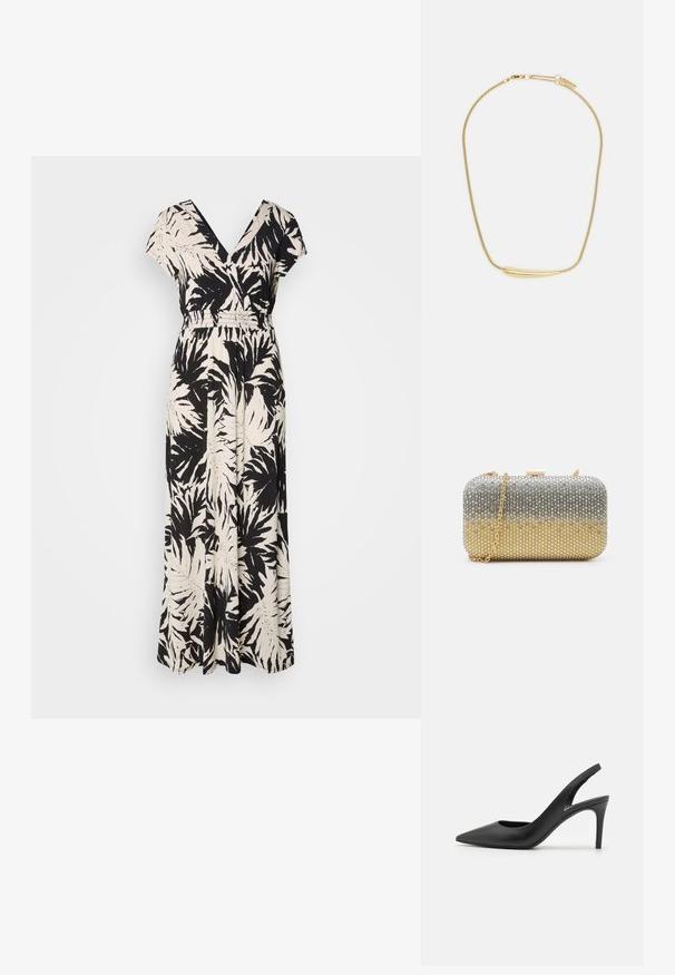 Rochie maxi neagră și crem cu decolteu în V, mâneci scurte, talie elastică și un model cu frunze de palmier pe întreaga suprafață. Fabricată dintr-un material ușor.; Saboți negre din piele, cu toc înalt și vârf ascuțit, având o decupare în partea din față și un toc subțire de tip stiletto.; Mascara Geantă plic - gold-coloured/silver-coloured; Colier placat cu aur, cu un accent central neted și curbat. Dispune de o chaină flexibilă cu un închizător tip homar și link-uri suplimentare ajustabile.