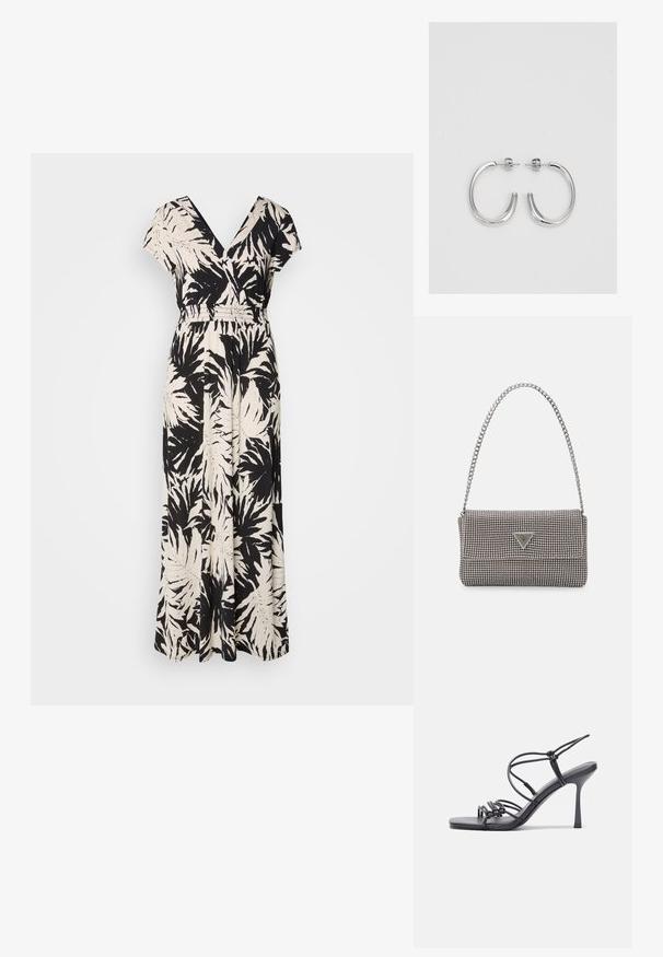 Mustapohjainen ja kerma maxi-mekko, jossa on V-pääntie, lyhyet hihat, elastinen vyötärö ja koko mekon mittainen palmunlehtikuosi. Valmistettu kevyestä kankaan.; Mustat korkokengät sandaalit, joissa on ohuet hihnat solmittuna, sileä neliön muotoinen varvasosa ja tyylikäs stiletto-korko.; Vaalea harmaa metallinen käsilaukku, jossa on ketjusanka. Laukku on koristeltu pienillä pyöreillä metallikoruilla ja kolmion muotoisella brändilogolla.; Hopeiset korvarenkaat, joissa on sileä ja kiiltävä pinta, kaareva muoto ja piikkikiinnitys. Minimalistinen muotoilu modernilla viimeistelyllä.