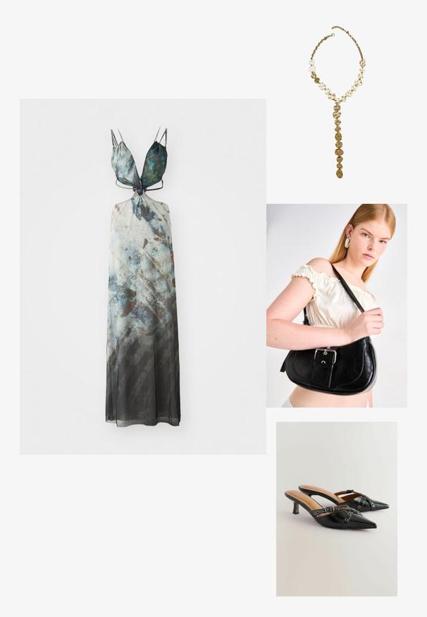 Maxi haljina s podesivim tankim naramenicama, koja ima apstraktni uzorak u plavim, sivoj i smeškovim nijansama, izrađena od prozračnog i tekućeg materijala.; Crne kožne sandale s remenom oko pete i špicastim nosom, s dekorativnim trakama i ukrasima u obliku rupica, na umjerenom stiletto potplatu. Glatka tekstura.; Crna kožna torba za rame s zakrivljenim oblikom, poliranim srebrnim hardverom i odvojivom oznakom. Glatka tekstura s suptilnim detaljima šivanja.; Ogrlica od metalnog materijala u zlatnoj boji s nepravilan teksturiranim karikama i Y-oblikovanim privjeskom, naglašena središnjim privjeskom koji podsjeća na slojevite kovanice.