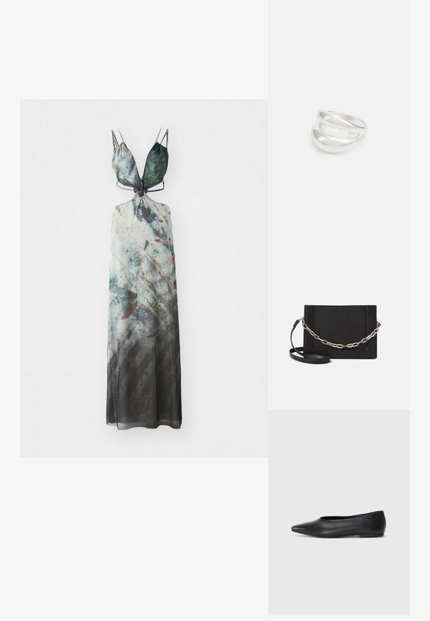 Maksimekko säädettävillä spaghetti-hihnoilla, jossa on abstrakti kuviopinta sinisen, harmaan ja ruskean sävyissä, sekä virtaava läpikuultava kangas.; Musta nahkainen ballerinatyyppinen kenkä, terävä kärki, minimalinen muotoilu, sileä pinta, matala korko, ei näkyvää metalliosaa tai koristeita.; Musta nahkainen olkalaukku, jossa on sileä pinta, suorakulmainen muoto ja metalliketju yksityiskohtana edessä. Mukana säädettävä hihna.; Hopeinen kaksinkertainen rengas, jossa on sileä, kiillotettu pinta. Siinä on sulava, kaareva muotoilu, jossa on päällekkäisiä osia modernin ilmeen saavuttamiseksi.