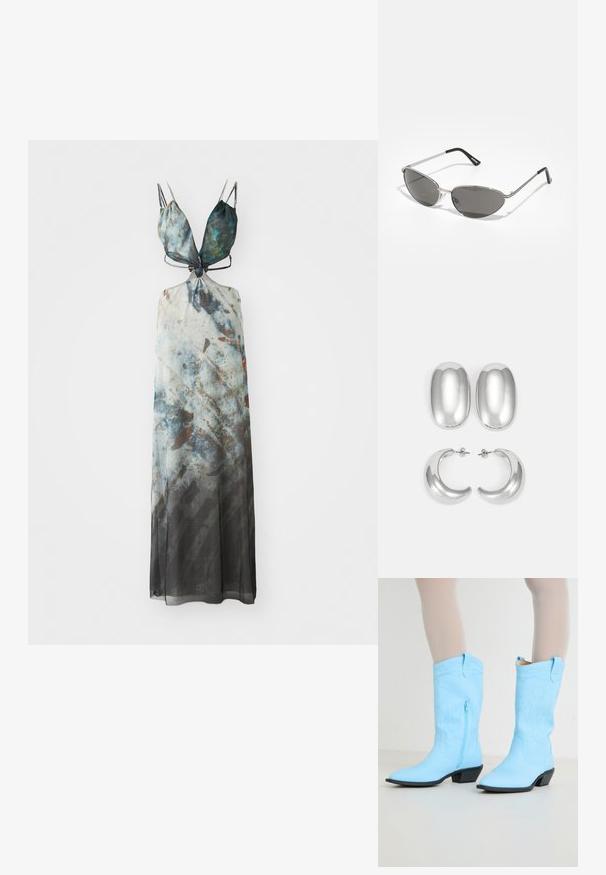 Maxi dress with adjustable spaghetti straps, featuring an abstract pattern in blue, gray, and brown hues, with a flowing sheer fabric.; Light blue cowboy boots with embroidered detailing, a side zipper, pointed toe, and stacked black heel. Smooth leather texture.; Sunglasses with a sleek, silver metal frame, gray tinted lenses, and an aerodynamic design featuring pointed edges and thin arms.; Silver-colored earrings set: two oval studs and two crescent-shaped hoops, featuring a glossy, smooth finish and a rounded design.