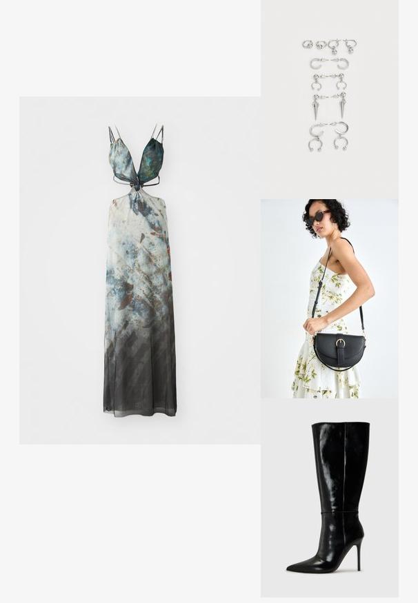 Maksimeelne kleit reguleeritavate õlapaeltega, millel on abstraktne muster sinistes, hallides ja pruunides toonides, ning voolav läbipaistev kangas.; Mustad nahast kuni põlveni ulatuvad saapad terava ninaga ja kõrge stiletto kontsaga. Sile tekstuur ja stiilne disain, millel on minimaalne kaunistus.; Mustmust mustraha kõverate joontega, eemaldatava rihmaga ja kuldsete detailidega. Kotil on klapp, millel on pandladetail.; Hõbedaste kõrvarõngaste komplekt, mis sisaldab erinevaid stiile: rõngad, kõrvaaugud ja rippuvad mudelid, millel on kuulitaolised aktsendid ja teravad elemendid.