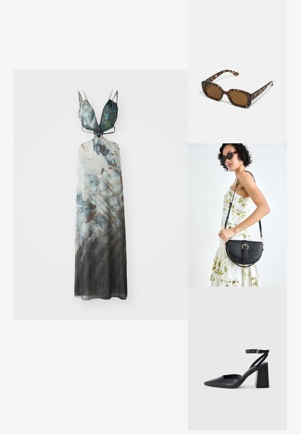 Maxi kjole med justerbare spaghetti-stropper, der har et abstrakt mønster i blå, grå og brune nuancer, lavet af et let, gennemsigtigt stof.; Sort læder spidse pumps med ankelrem og en chunky hæl. Flad tekstur, slankt design og minimalistisk æstetik.; Skildpadde-solbriller med en rund, kraftig ramme og brune linser. Har subtile mønstre og lige, afsmalnende stænger.; Sort læderhåndtaske med en buet form, aftagelig rem og guldfinish. Tasken har en klap med en spænde detalje.