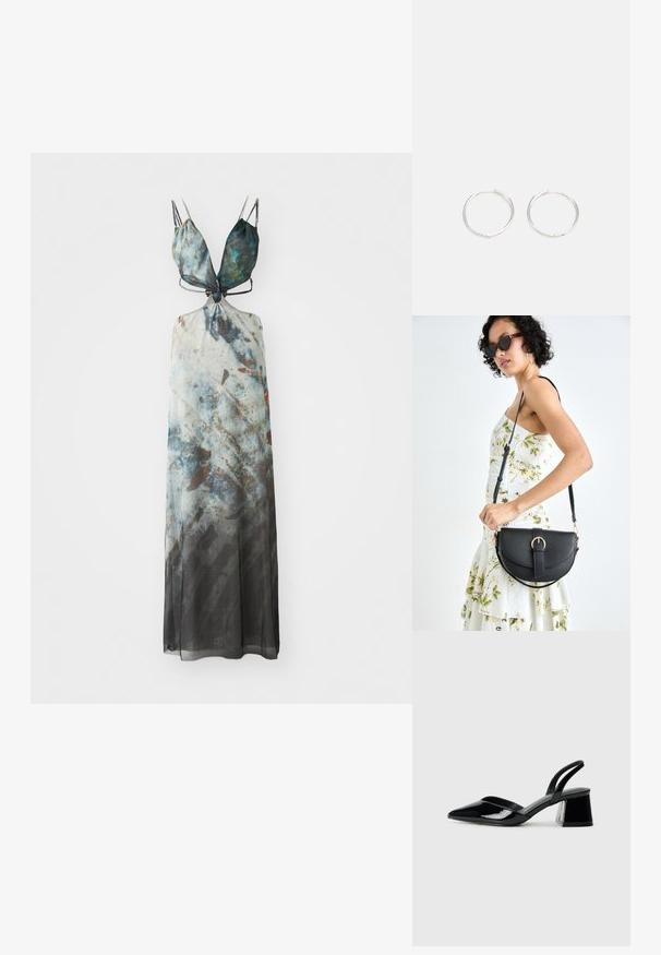 Robe maxi avec des bretelles spaghetti ajustables, présentant un motif abstrait dans des teintes de bleu, gris et marron, avec un tissu fluide et transparent.; Escarpins en cuir verni noir avec bout pointu et talon bloc géométrique. Présente un design élégant et minimaliste ainsi qu'une texture lisse.; Sac à main en cuir noir avec une forme courbée, bandoulière amovible et des accessoires en or. Le sac est doté d'un rabat avec un détail de boucle.; Boucles d'oreilles en argent avec un design rond et épuré, présentant une surface lisse et sans embellissements visibles. Diamètre non spécifié.