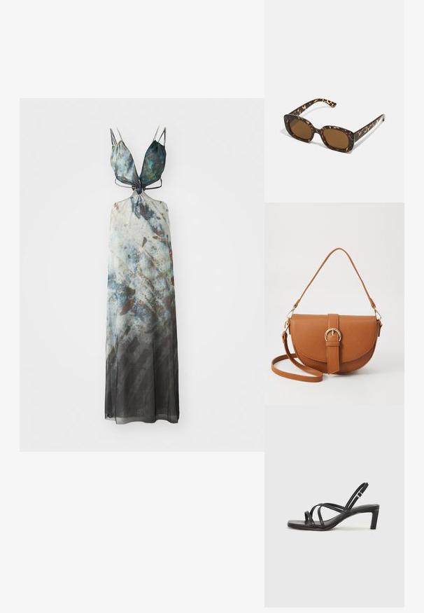 Vestido maxi con tirantes ajustables, que presenta un patrón abstracto en tonos azules, grises y marrones, con una tela fluida y transparente.; Sandalia negra de tiras con punta cuadrada y tacón bajo de bloque. Presenta múltiples tiras delgadas y una correa ajustable en el tobillo. Fabricada en cuero suave.; Gafas de sol de carey con un marco redondeado y robusto y lentes marrones. Presentan patrones sutiles y brazos rectos y cónicos.; Bolso bandolera de cuero marrón con forma curvada, herrajes dorados y un acento de hebilla. Incluye una correa de hombro desmontable.