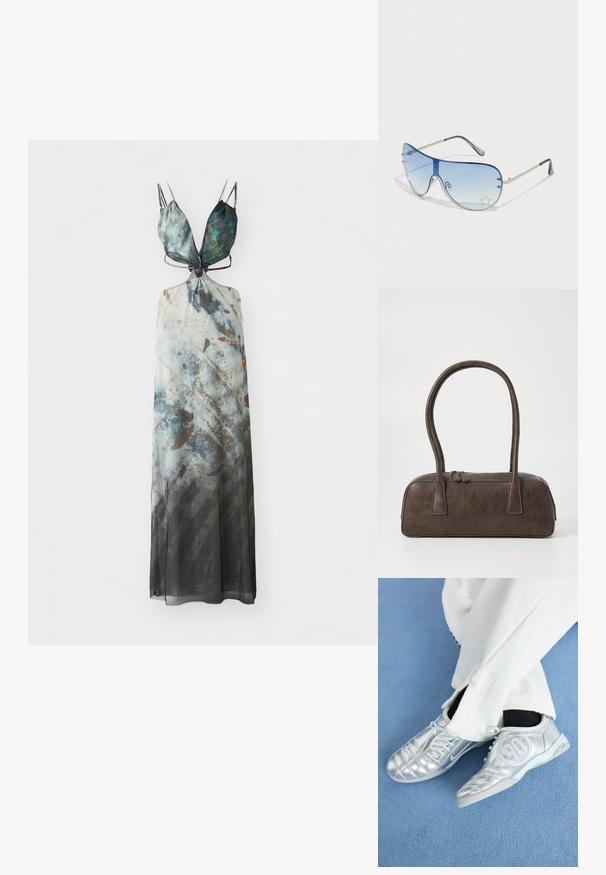 Maxikjole med justerbare spaghetti-stropper, med et abstrakt mønster i blå, grå og brune toner, laget av et flytende, gjennomsiktig stoff.; Sølv atletikksko med en glatt, skinnende overflate, med et sydd design og tallet 90 på siden, kombinert med hvite bukser.; Pilotbriller med gradient blå linse, sølvfarget metallramme og dekorative stjerneaksenter på linsen. Glatt og stilren design.; Brun lærveske med to robuste håndtak, rektangulær form, jevn tekstur og glidelås. Minimalistisk design uten synlige mønstre.