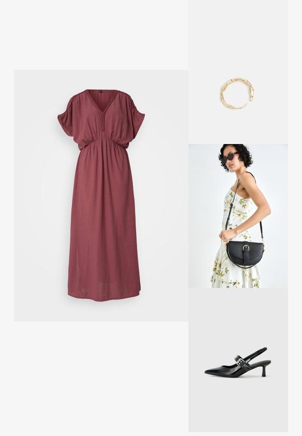 Tumši sarkans, garš maksi kleita ar V veida dekoltē, īsām pūkām un elastīgu jostasvīru. Izgatavota no viegla auduma ar mīkstu tekstūru.; Melnas lakotas ādas sūkņa kurpes ar norādītu purngali un mazu bloku papēdi, ar sudraba sprādzi akcentā uz jostas.; Melnas ādas rokassoma ar izliekta formu, noņemamu siksnu un zelta aksesuāriem. Somai ir vāciņš ar sprādzes detaļu.; Zelta toņa gredzens ar organisku, vērptu dizainu, gludu virsmu un sašaurinātiem galiem, radot mūsdienīgu, skulpturālu izskatu.