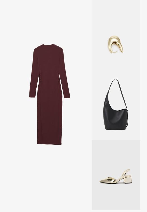 Langärmliges, mauvefarbenes Kleid mit taillierter Form und gerafften Seitendetails. Aus dehnbarem Stoff gefertigt, reicht es bis zur Wadenmitte.; Goldene, metallische Slingback-Absätze mit spitzem Zeh und dicker Ferse. Glatte Textur, minimalistisches Design und ein schmaler Riemen.; Schwarze Leder-Hobo-Tasche mit einer glatten Textur, geschwungener Form und einem einzelnen verstellbaren Tragegurt; verfügt über eine weite Öffnung am oberen Ende.; Ohrringe aus goldfarbenem Metall mit einem schlanken, geschwungenen Design. Sie verfügen über eine markante, spitze Form, eine polierte Oberfläche und einen Scharnierverschluss.