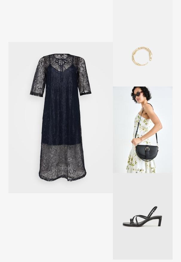 Tumši zila mežģīņota kleita ar īsām piedurknēm, kurai ir sasienams kakla izgriezums un sarežģīti ziedu raksti. Caurskatāms audums, lai radītu slāņainu efektu.; Melnas strappy sandales ar kvadrātveida purngaliem un zemu bloku papēdi. Ievērojamas ar vairākiem plāniem siksniņām un regulējamu potītes siksniņu. Izgatavotas no gludas ādas.; Melnas ādas rokassoma ar izliekta formu, noņemamu siksnu un zelta aksesuāriem. Somai ir vāciņš ar sprādzes detaļu.; Zelta toņa gredzens ar organisku, vērptu dizainu, gludu virsmu un sašaurinātiem galiem, radot mūsdienīgu, skulpturālu izskatu.