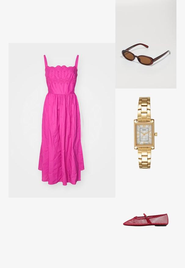 Rochie midi roz cu un corset ajustat, decolteu ondulat și bretele subțiri. Prezintă o talie plisată și un design brodat în întreaga rochie.; Balerini roșii din plasă cu vârful ascuțit, prezentând o curea subțire și un detaliu cu cataramă. Partea superioară are un model deschis, în formă de fagure.; Ochelari de soare rotunzi, cu nuanțe de brown și cu un cadru lucios de burgund. Brațe subțiri cu detalii subtile de branding. Design cu lentile plate.; Ceas de mână rectangular cu nuanță aurie, cu un cadran alb, marcaje argintii pentru ore și o brățară din linkuri metalice durabile. Include caracteristica de rezistență la apă.