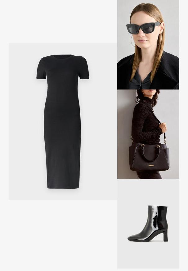 Melnā ribotā midi kleita ar īsām piedurknēm, apaļu dekoltē, pieguļošu siluetu un gludu tekstūru. Nav redzamu rakstu vai akcentu.; Melnas patentētas ādas potīšu zābaki ar norādītu pirkstu un vidēja augstuma kvadrātveida papēdi. Gluda tekstūra un minimālisma dizains.; Melna kaķa acs saulesbrilles ar tumšiem objektīviem, bieziem rāmjiem un smalkiem akcentiem. Valkātas ar melnu mēteļi un pelēku augšu, ar garām taisnām matiem.; Melnā rokassoma ar teksturētu virsmu, diviem augšējiem rokturiem un regulējamu pleca siksnu. Iespējas ar zelta krāsas aparatūru un sānu kabatām.
