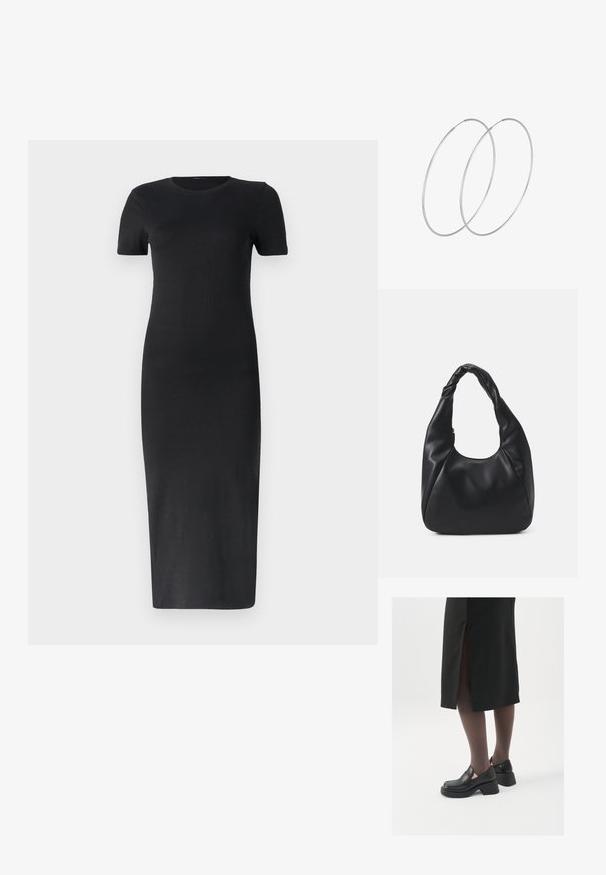 Musthave mustriba midi kleit lühikeste varrukatega, ümar kaelus, keha lähedalt istuv siluett ja sile tekstuur. Ei ole nähtavaid mustreid ega aktsente.; Mustad mustad jalatsid ümmarguse varbaga, paksu plokkniidi ja elastsete külgdetailidega, kombineeritud tumedate sukkade ja musta lõhikuga seelikuga.; Must värvi hobo kott, mis on valmistatud siledast nahataolisest materjalist, keeratud käepidemega, pehme ja ümar kuju ning ülemise tõmblukuga sulgur.; Hõbedased rõngastikkaehingad minimalistlikus disainis. Ümar kuju, sile tekstuur ja õhuke profiil. Kerged ning poleeritud viimistlusega.