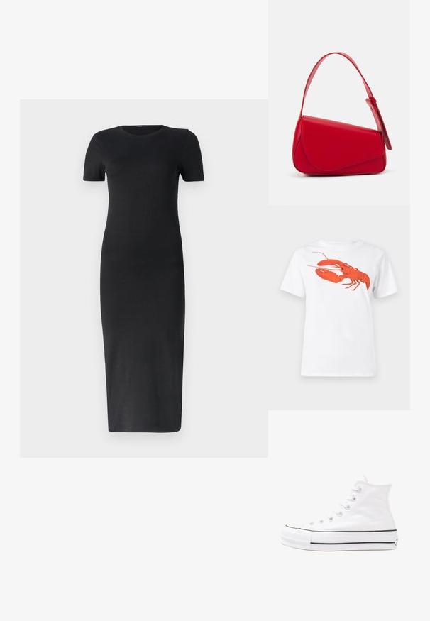 Musthave mustriba midi kleit lühikeste varrukatega, ümar kaelus, keha lähedalt istuv siluett ja sile tekstuur. Ei ole nähtavaid mustreid ega aktsente.; Valge puuvillane T-särk, mille ees on suur erkpunane homaarigraafika. Lühikesed varrukad ja tavaline ümar kaelus.; Valge kõrgem kangast tenniseking, millel on must kummist tald, ees kummist varvasetugi ja kuus aukku paelte jaoks, pakkudes puhta ja minimalistliku disaini.; Punane nahast käekott, millel on nurkadega geomeetriline disain. Omab ühte reguleeritavat rihma ja klappidega sulgemist, millel on õmblustega kaunistused.