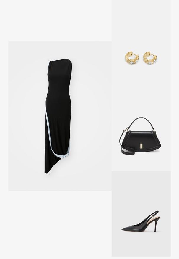 Svart ärmlös maxiklänning med draperad design, asymmetrisk fåll och ljusblå kantföring längs ena sidan. Slät tyggtextur.; Svart läder högklackad slingback-sko med spetsig tå, slät yta och ett delikat band med en metallspänne.; Svart läderhandväska med en strukturerad design, som har en avskuren form, ett handtag upptill och guldiga detaljer. Justerbar axelrem ingår.; Guld hoops med en texturerad design och tre klara kristallaccentuer på ena sidan, vilket ger en modern geometrisk estetik.
