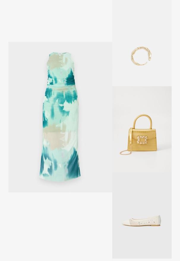 Bezrukávová maxi šaty v aqua a zelenej krivkovanej vzor, s riasením v oblasti pásu, rovným strihom a hladkým textilným povrchom.; Biele ploché topánky s špicatou špičkou z krémovej kože s priehľadným zvrškom posiatym kamienkami. Mäkká podrážka pre pohodlie, minimalistický dizajn.; Žltá falošná krokodília kabelka so štruktúrovaným dizajnom, horným držadlom, odnímateľným reťazovým popruhom a dekoratívnym kryštálovým ozdobením na zapínaní.; Prsteň v zlatej farbe s organickým, skrúteným dizajnom, hladkým povrchom a zužujúcimi sa koncami, vytvárajúci moderný, sochársky vzhľad.