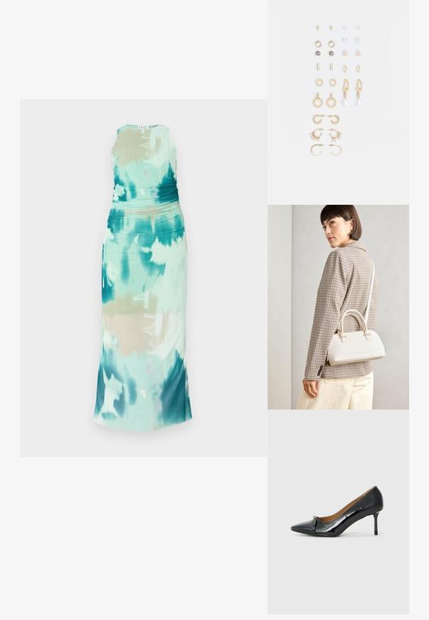 Rochie maxi fără mâneci, cu un model ombre în nuanțe de aqua și verde, cu detalii pliate la talie, de formă dreaptă și cu o textură a materialului fină.; Pantofii cu toc înalt din piele lacuită neagră, cu vârf ascuțit, detalii decorative cu curea în față și toc subțire tip stiletto.; Geantă structurată albă, cu mânere scurte și curea de umăr, având accente din metal aurit și material texturat, expusă pe un fundal gri.; Set de cercei aurii, cu diverse designuri, inclusiv cercei tip stud, cercei hoop și cercei lungi cu perle și strassuri.