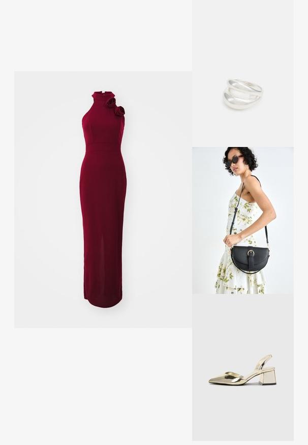 Burgundi spalvos be rankovių suknelė su aukštu kaklu, šoniniu žaismo detaliu ir prigludusia siluetu, pagaminta iš lygaus, tampraus audinio.; Auksiniai, metaliniai slingback aukštakulniai bateliai su smailiu pirštu ir masyviu kulnu. Lygus paviršius, minimalizmo dizainas ir siaura juostelė.; Juodas odinis krepšys su išlenkta forma, nuimamu dirželiu ir auksiniais detalėmis. Krepšys turi kilpą su sagtimi.; Sidabrinis dvigubas žiedas su lygiu, poliruotu paviršiumi. Pasižymi sklandžiu, kreiptu dizainu su persipinančiomis dalimis, suteikiančiomis modernų išvaizdą.