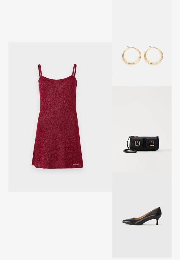 Rode sprankelende jurk met dunne bandjes, A-lijnvorm en een gladde textuur. Details omvatten een ronde hals en een uitlopende onderkant.; Zwarte leren pump met een puntige teen, lage hak en een gladde textuur. Heeft een lichte opening aan de voorkant en minimale hardware aan de achterkant.; Zwarte leren schoudertas met twee vo pockets, gouden gespen, ritsluiting en een smalle band. Tekstuur oppervlak en compacte rechthoekige vorm.; Gouden oorringen met een glad, rond ontwerp, voorzien van een dunne draadsluiting en een gepolijste afwerking voor een glanzend uiterlijk.