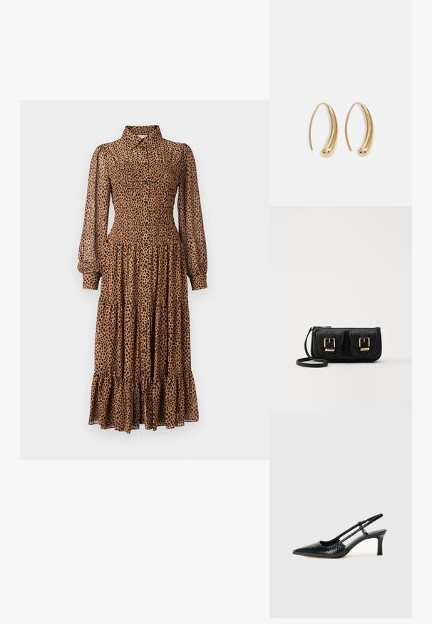Braun gestreiftes Leopardenkleid mit Knopfleiste, langen transparenten Ärmeln und gestuften Rüschendetails am Saum. Aus leichtem Stoff hergestellt.; Schwarze Lack-Slingback-Pumps mit spitzem Zehenbereich, versehen mit strukturiertem Schlangenprint, verstellbarem Riemen und einem kurzen, strukturierten Blockabsatz.; Schwarze Leder-Umhängetasche mit zwei vorderen Taschen, goldenen Schnallen, Reißverschluss und einem schmalen Tragegurt. Texturierte Oberfläche und kompakte rechteckige Form.; Goldfarbene Metall-Hoops mit einer geschwungenen, länglichen Form. Sie verfügen über eine glatte, glänzende Oberfläche und eine abgerundete Spitze für zusätzliche Details.