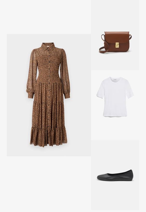 Brun leopardmønstret kjole med knaplukning foran, lange gennemsigtige ærmer og lagdelte flæser i kanten. Fremstillet af letvægtsstof.; Hvid kortærmet t-shirt lavet af ribbet stof. Rund halsudskæring, almindelig pasform og subtile syninger. Ingen mønstre eller grafik.; Sort læderballetsko med rund tå, glat tekstur, minimal syning og et fleksibelt såldesign.; Brun læder håndtaske med flaplukning, hardware i gyldent tone, en skulderrem og en glat overflade. Kompakt rektangulær form.