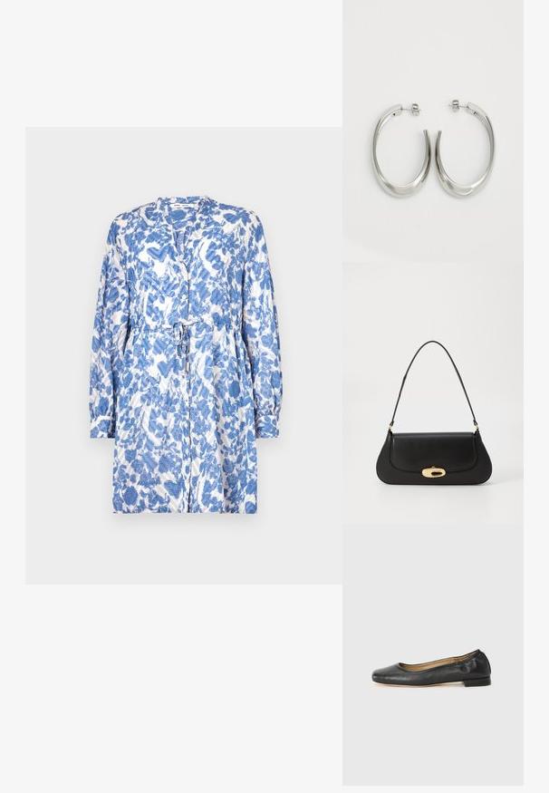 Zila un baltā rakstainā kleita ar garām piedurknēm, jostas saišu un pogu aizdari, kas izgatavota no teksturēta, viegla auduma.; Melnas ādas baleta kurpes ar noapaļotu purngali un minimālu šuvju skaitu. Zemas, taisnstūra formas papēdis un gluda tekstūra. Smalka iekšējā oderes detaļa.; Melna ādas rokassoma ar izliekta dizaina elementiem, zelta krāsas detaļām un augšējo rokturi. Iezīmējas ar elegantu aizdari un gludu faktūru.; Sudraba riņķveida auskari ar gludu, izliekta dizaina formu. Iezīmējas ar spīdīgu metāla apdari un pievienojamu aizdari. Nav redzamu rakstu vai akcentu.