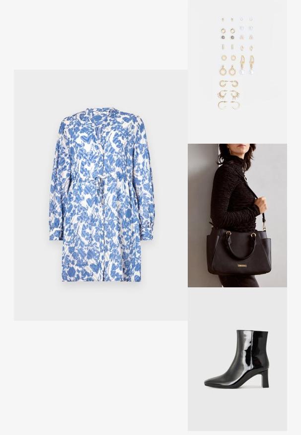 Blå og hvit mønstret kjole med lange ermer, knytebelte i midjen og knappelukking, med et teksturert, lett stoff.; Sorte patentlær ankle boot med spiss tå og en mellomhøy blokkhelt. Glatt tekstur og minimalistisk design.; Svart håndveske med teksturert overflate, doble topphåndtak og justerbar skulderrem. Har detaljer i gulltone og sidelommer.; Sett med gullfargede øredobber med ulike design, inkludert stikkere, hoops og hengende deler med perler og rhinestones.