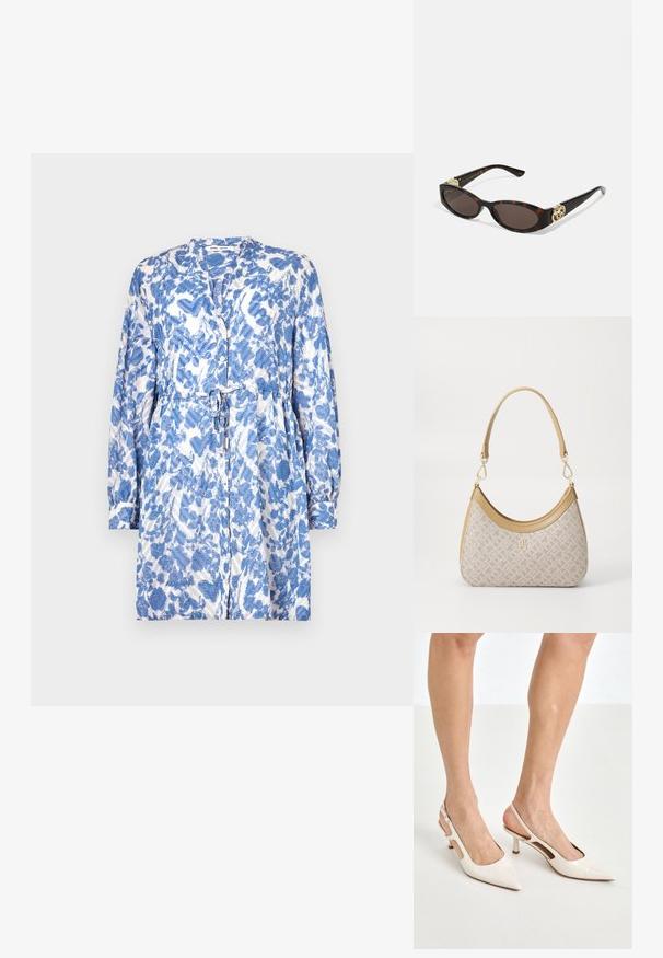 Niebieska i biała sukienka w wzory, z długimi rękawami, wiązaniem w talii oraz zapięciem na guziki, z teksturowanej, lekkiej tkaniny.; Beżowe lakierowane szpilki z odkrytą piętą, zakończone spiczastym noskiem i 5 cm obcasem, z wyciętymi bokami oraz cienkim paskiem na kostce.; Słoneczne okulary w kolorze żółwi z wydłużonymi owalnymi soczewkami, brązowym odcieniem, złotymi akcentami logo na zausznikach oraz smukłymi czarnymi ramionami.; Beżowa torebka w wzory o zakrzywionym kształcie, z skórzanymi akcentami i złotym logo z przodu. Posiada krótki uchwyt, co ułatwia noszenie.; Naszyjnik z pereł i kryształów o okrągłym, koralikowym wzorze w jasnych odcieniach, z naprzemiennie umieszczonymi perłami i błyszczącymi akcentami, noszony na szyi.