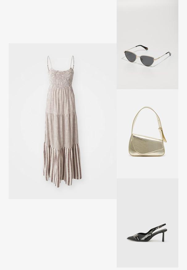 Maksikleit õhukeste rihmadega, smokk-bodiga ja kihilise äärisega. Omab vahelduvaid pruuni ja kreemikat vertikaalset triipu kogu ulatuses.; Must musta nahk kingad sanga ja terava ninaga, ankle strapidega, millel on hõbedased pandlad ja riistvara ning õhuke konts.; Kuldmetallist raami prillid tumedate läätsede ja kassiohvrikujuga, mille mustad varrukad on ühelt poolt varustatud vikerkaare aktsendiga.; Kuldmetallist käekott, millel on struktureeritud disain, sile tekstuur ja reguleeritav rihm. Omab ainulaadset kolmnurkset kuju ja minimalistlikku õmblust.