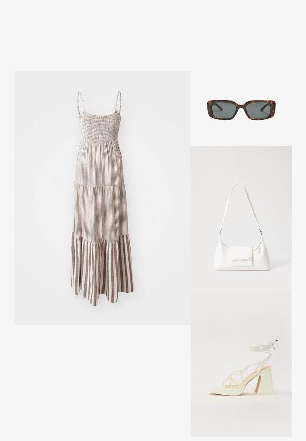 Maxiklänning med tunna axelremmar, skrynklig överdel och ett tierat fåll. Har växelvis bruna och krämfärgade vertikala ränder genom hela.; Vit högklackad sandal med en kraftig klack, med ett remdesign och ankelband. Slät textur med en plattform framtill för ökad höjd.; Sköldpaddsmönstrade solglasögon med rektangulära linser, tjocka bågar och mörkt tonade linser. Slät yta och minimalistisk design.; Vit syntetisk handväska med triangulär form, platt framklaff och rosettdetalj, justerbar rem, slät textur och minimalistisk design.