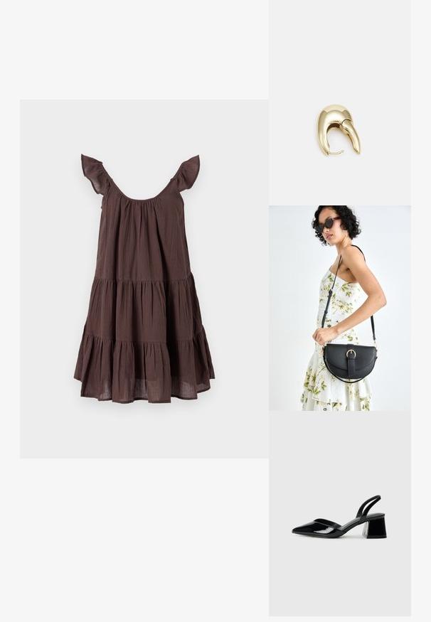 Smeđa haljina s naborima od lagane tkanine, s izrezom u obliku kruške, nabranim naramenicama i opuštenim krojem.; Crne lakirane kožne sandale s otvorenom petom i špicastim vrhom, s geometrijskom blok petom. Imaju elegantan, minimalistički dizajn i glatku teksturu.; Crna kožna torba s lukovitim oblikom, odvojivim remenom i zlatnim detaljima. Torba ima preklop s kopčom.; Zlatne metalne naušnice s elegantnim, zakrivljenim dizajnom. Imaju karakterističan šiljast oblik, poliranu površinu i zatvaranje na šarku.