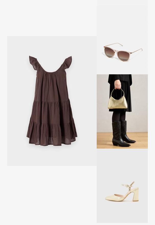 Hnedé vrstvené šaty vyrobené z ľahkého materiálu, s okrúhlym výstrihom, volánovými ramienkami a voľným strihom.; Zlaté metalické topánky na opätku s špicatou špičkou, pásikom okolo členka s kruhovou sponou a robustným dizajnom opätku. Hladká textura.; Hnedé slnečné okuliare s prechodovým efektom a priehľadným ružovým rámom, štvorcového tvaru a tenkými kovovými ramenami. Obsahujú zaoblené okraje a minimálne detaily.; Zlatá textúrovaná kabelka s zakriveným tvarom a krátkou rukoväťou, ktorú drží osoba oblečená v čiernej plisovanej sukni a čiernych kožených cowboyských čižmách.