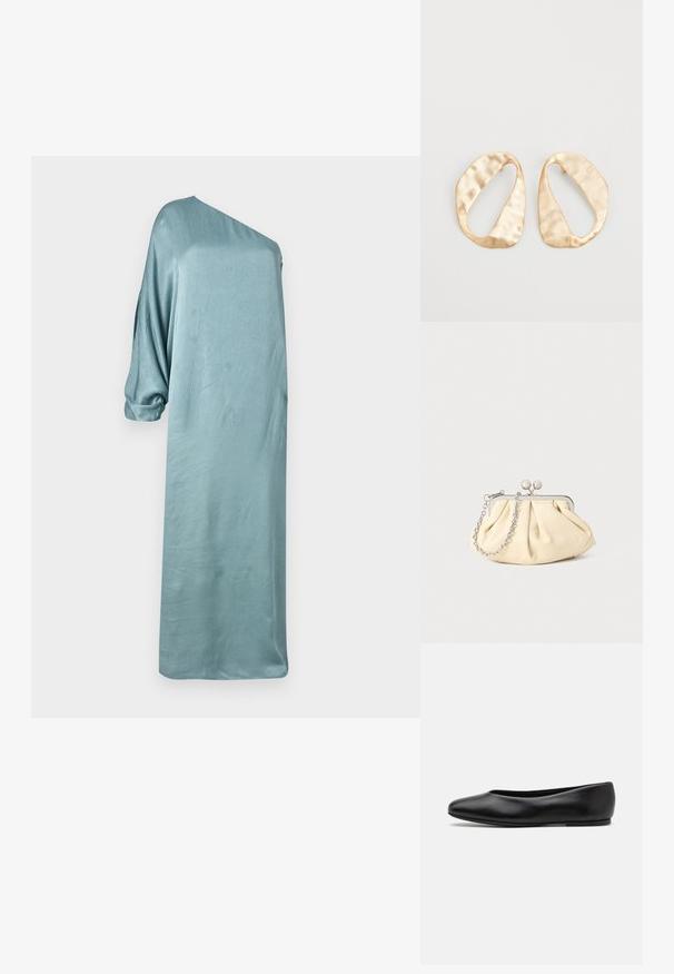 Sima, aszimmetrikus, egyvállas ruha világoskék selyemből, laza szabással és háromnegyedes ujjal, sima, fényes textúrával.; Paul Smith TOPANGA - Balerina cipők - black; Pleátolt bézs bőr válltáska ezüst fém kerettel, két kerek díszcsattal és ezüst lánc pánttal.; Egy pár szabálytalan, ovális formájú, aranyszínű fém fülbevaló, enyhén kalapált felülettel, fehér háttéren.