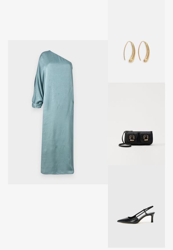 Sima, aszimmetrikus, egyvállas ruha világoskék selyemből, laza szabással és háromnegyedes ujjal, sima, fényes textúrával.; Fekete lakk slingback sarok, hegyes orral, texturált kígyómintával, állítható pánttal és rövid, texturált tömbsarkal.; Fekete bőr keresztbody táska két elülső zsebbel, arany csattokkal, cipzáras záródással és vékony pánttal. Textúrált felület és kompakt téglalap alak.; Aranyszínű fémből készült karika fülbevalók ívelt, hosszúkás formával. Simaságával és fényes felületével, valamint lekerekített végével további részletekkel bővül.