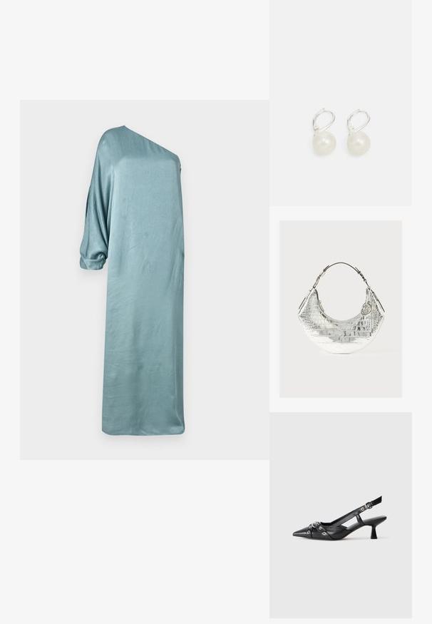 Stilingas, asimetrinis su vienu petimi mėlynas satino suknelė su laisvu siluetu ir trijų ketvirčių rankovėmis, turinti lygią, blizgią tekstūrą.; Juodas odinis slingback tipo batai su smailiu priekiniu atvartu, dekoratyvinėmis sagtimis su metaliniais akyčiais ir žemu blokiniu kulnu. Saldus paviršius.; Sidabrinė krokodilo odos raštuotų rankinių maišelį su kreivai formos, ruda odinė rankena ir metaliniais akcentais, turintį dekoratyvinį žavesį.; Perlo lašai auskarai su poliruotu paviršiumi, su sidabro tono užsegimu ir apvaliomis baltomis perlų. Paprastas, klasikinis dizainas.