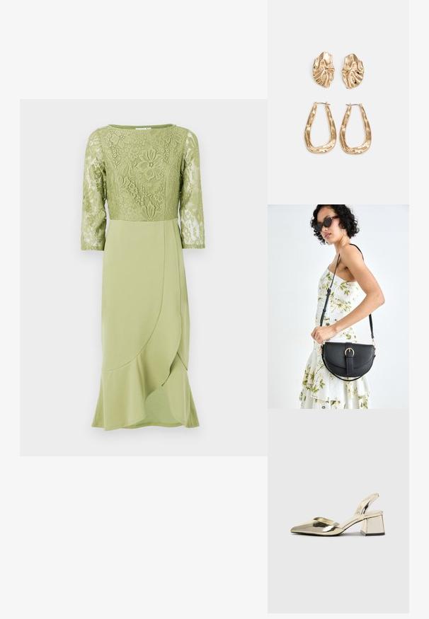 Vestido verde com corpete de renda e mangas três quartos, apresentando uma saia suave e drapeada com uma bainha flare. Detalhe de padrão floral geral.; Sapatos de salto alto metálicos dourados, com biqueira em ponta e salto grosso. Textura suave, design minimalista e uma tira estreita.; Bolsa de couro preta com forma curva, alça destacável e detalhes em dourado. A bolsa possui uma aba com detalhe de fivela.; Brincos em tom de ouro com formas onduladas e texturizadas. Inclui studs escultóricos com presilha e um design de argola aberta com um acabamento martelado.