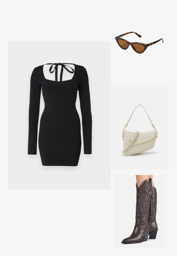 Vestido preto de manga longa com pescoço quadrado e detalhe de laço nas costas. Silhueta ajustada e tecido texturizado realçam sua estrutura.; Botas de cowboy em couro castanho com bico pontudo e salto quadrado, apresentando costuras detalhadas e realces elevados no cano.; Óculos de sol estilo gato com uma armação em tartaruga preta e laranja, lentes castanhas e pontas elegantes e pontiagudas. Apresenta um logo minimalista na haste.; Pequena bolsa de creme com um acabamento texturizado, uma alça longa ajustável, um detalhe em corrente e um fecho de aba. Detalhes em hardware dourado.