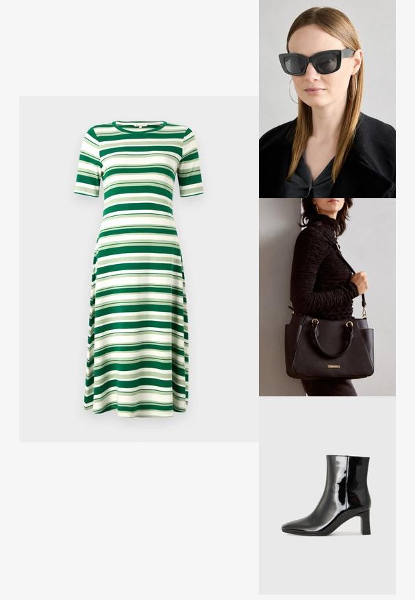 Grün-weiß gestreifes Kleid aus weichem Material, mit kurzen Ärmeln und rundem Halsausschnitt, fließender A-Linie-Form, kniehoch.; Schwarzer Lackleder-Stiefelette mit spitzer Zehe und einem mittelhohen Blockabsatz. Glatte Textur und minimalistisches Design.; Schwarze Katzenaugen-Sonnenbrille mit dunklen Gläsern, dicken Rahmen und subtilen Akzenten. Getragen mit einem schwarzen Mantel und einem grauen Oberteil, dazu lange, glatte Haare.; Schwarze Handtasche mit strukturierten Oberflächen, doppelten Obergriffen und verstellbarem Schultergurt. Mit goldfarbener Hardware und Seitentaschen.