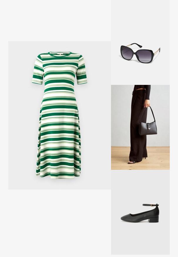 Grønn og hvitstripete kjole laget av mykt stoff, med korte ermer og rund hals, flytende A-linjeform, knelengde.; Sorte skinnpumper med spiss tå og lav blokkhelt. Har ankelrem med gullfarget spenne. Glatt tekstur.; Sorte oversized solbriller med gradient linser, tykke rammer og detaljering med gulltonekjede på tempelarmene.; Svart håndveske med strukturert form, jevn tekstur og metallisk lås. Kombinert med brede svarte bukser og sandaler med åpen tå på tregulv.