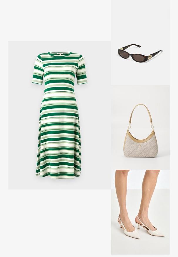 Zielono-biała sukienka w paski, wykonana z miękkiego materiału, z krótkimi rękawami i okrągłym dekoltem, w swobodnym kroju A, do kolan.; Beżowe lakierowane szpilki z odkrytą piętą, zakończone spiczastym noskiem i 5 cm obcasem, z wyciętymi bokami oraz cienkim paskiem na kostce.; Słoneczne okulary w kolorze żółwi z wydłużonymi owalnymi soczewkami, brązowym odcieniem, złotymi akcentami logo na zausznikach oraz smukłymi czarnymi ramionami.; Beżowa torebka w wzory o zakrzywionym kształcie, z skórzanymi akcentami i złotym logo z przodu. Posiada krótki uchwyt, co ułatwia noszenie.; Naszyjnik z pereł i kryształów o okrągłym, koralikowym wzorze w jasnych odcieniach, z naprzemiennie umieszczonymi perłami i błyszczącymi akcentami, noszony na szyi.