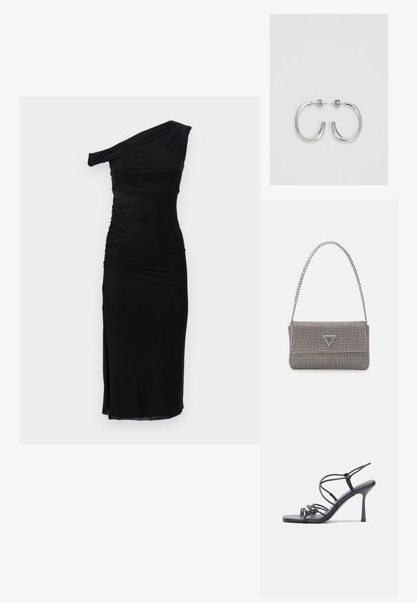 Μαύρο φόρεμα ενός ώμου με ρυάκι, στενή γραμμή, μήκος μέχρι το γόνατο και πλαϊνό άνοιγμα, κατασκευασμένο από μαλακό, ελαστικό υλικό.; Μαύρες ψηλοτάκουνες σανδάλες με λεπτές λωρίδες και σχέδιο με κόμπους, λείο τετράγωνο μπροστινό μέρος και κομψό τακούνι στιλέτο.; Ανοικτό γκρι μεταλλική τσάντα χειρός με αλυσίδα, διακοσμημένη με μικρούς κυκλικούς μεταλλικούς στύλους και ένα τριγωνικό λογότυπο της μάρκας.; Ασημένια σκουλαρίκια κρίκοι με λεία, λαμπερή φινίρισμα. Στρογγυλό σχήμα, ελαφρύ σχέδιο, με κλείσιμο τύπου πίσω.