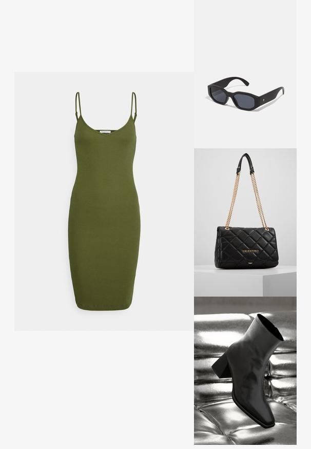 KnowledgeCotton Apparel CANNA STRAP DRESS - Vestido direito - burned olive; Botim preto de tornozelo feito de material brilhante, com bico quadrado e salto afunilado, posicionado contra um fundo prateado brilhante com detalhes acolchoados.; Óculos de sol pretos com armação retangular, acabamento mate, lentes escuras e hastes ligeiramente curvas. Detalhe de logótipo subtil numa das hastes.; Carteira de pele preta matelassada com alça de corrente dourada e detalhe do logótipo. Forma retangular, textura suave, com fecho em aba.