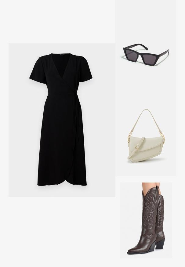 Vestido preto envolvente com mangas curtas, decote em V, cinta na cintura e saia de comprimento total. Tecido suave com uma textura sutil.; Botas de cowboy em couro castanho com bico pontudo e salto quadrado, apresentando costuras detalhadas e realces elevados no cano.; Óculos de sol pretos, angulares, com lentes cinzas; feitos de plástico, apresentando hastes grossas com uma superfície lisa e sem hardware visível.; Pequena bolsa de creme com um acabamento texturizado, uma alça longa ajustável, um detalhe em corrente e um fecho de aba. Detalhes em hardware dourado.; Brincos em argola dourados com um acabamento liso e brilhante. Design circular com um pequeno pino e suporte transparente para um uso seguro.