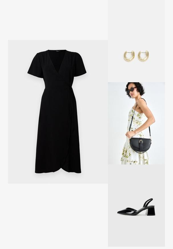 Črna obleka z zavihkom, kratkimi rokavi, izrezom v obliki črke V, pasom ter dolžino do tal. Gladka tkanina z subtilno teksturo.; Črne lakirane slingback pete s koničastim nosom in geometrijsko blokasto peto. Imajo eleganten, minimalističen dizajn in gladko teksturo.; Črna usnjena torbica s ukrivljeno obliko, z odstranljivo naramnico in zlatimi dodatki. Torbica ima pokrov s podrobnostmi v obliki zaponke.; Zlato-tonirani uhani v obliki obroča z gladko, polirano površino. Imajo obliko polkroga in varno zaponko na peto.